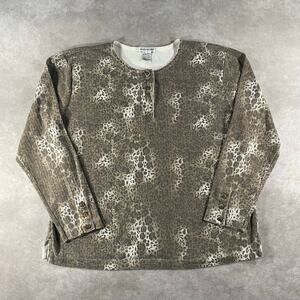 Vintage Womens Rebecca Malone Leopard Casual Chic Soft Henley LS Top